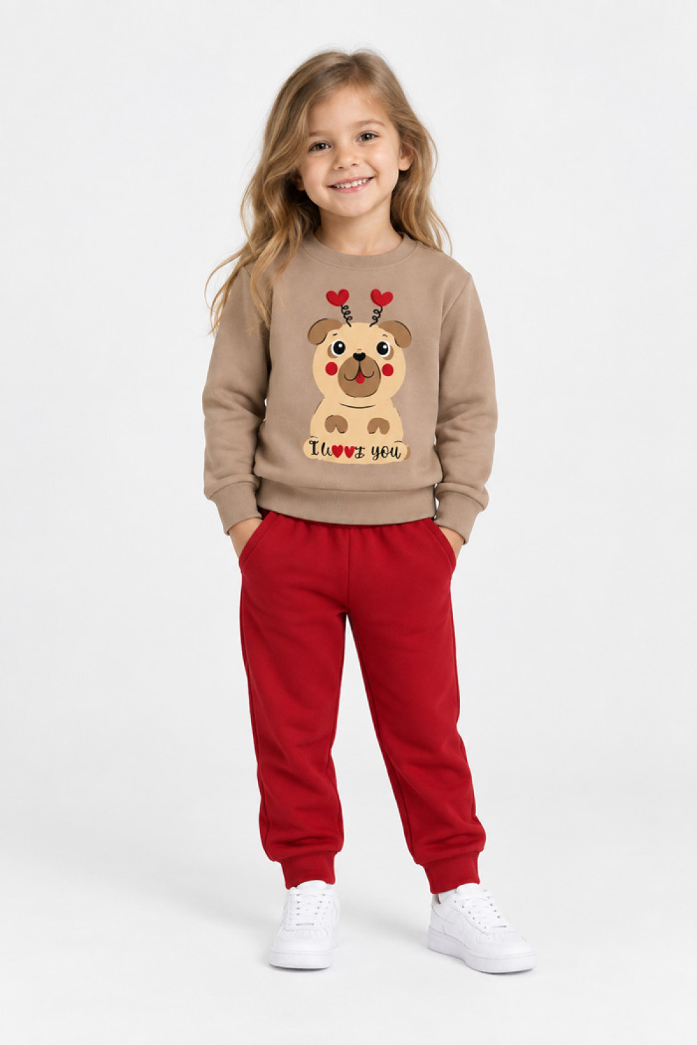 TRAX girls' biscuit top and red trousers set with dog and hearts print