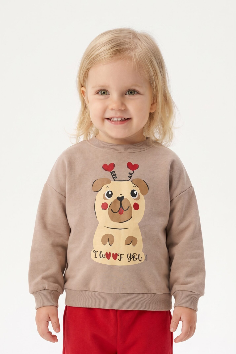 TRAX girls' biscuit top and red trousers set with dog and hearts print