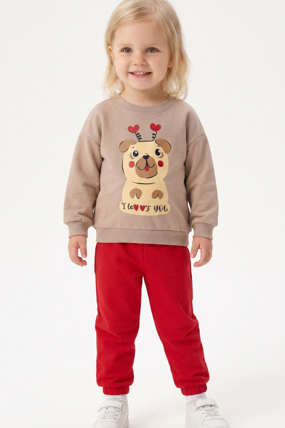 TRAX girls' biscuit top and red trousers set with dog and hearts print