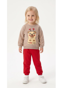 TRAX girls' biscuit top and red trousers set with dog and hearts print
