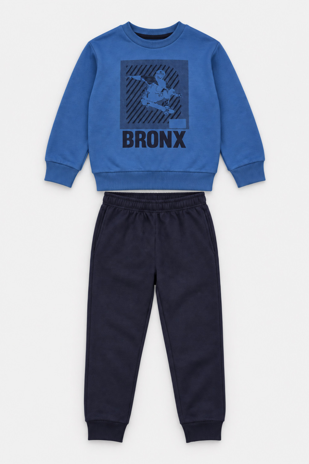 TRAX boys’ bright blue and navy sweatshirt and joggers set with BRONX print