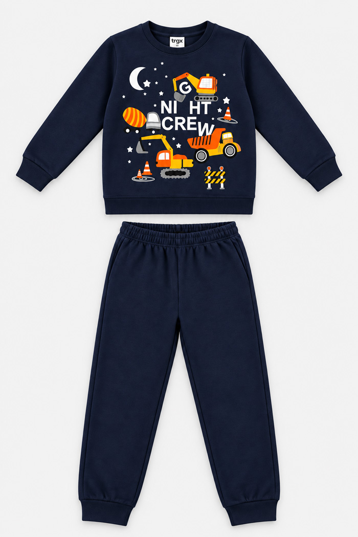 TRAX boys’ navy pyjama set with construction vehicle, moon and star print