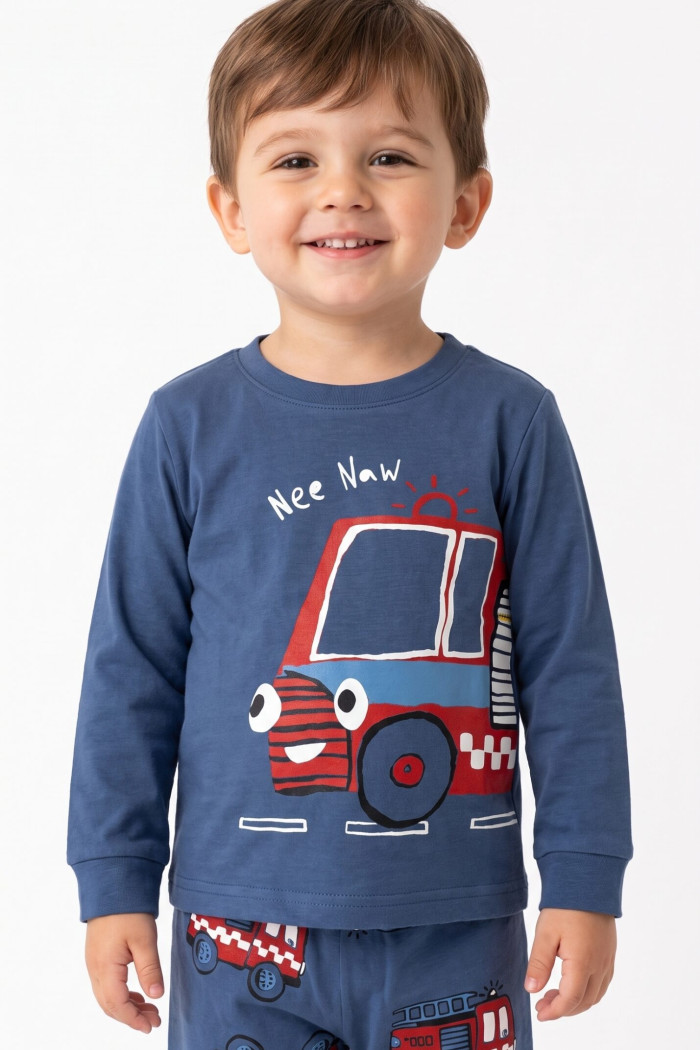 TRAX boys’ indigo pyjama set with fire vehicle print