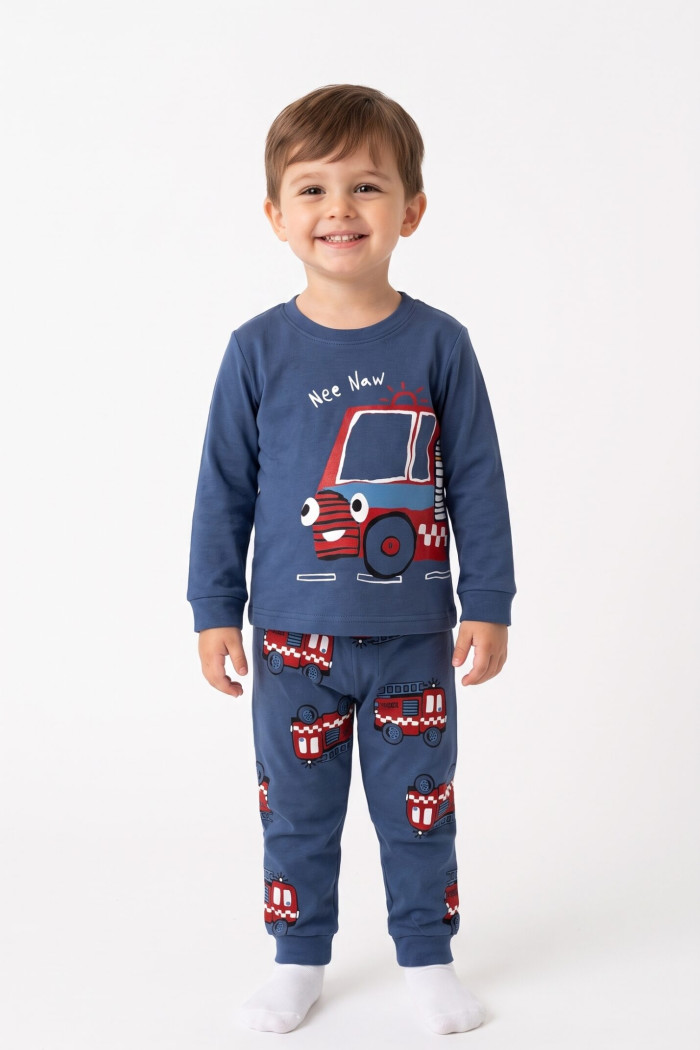 TRAX boys’ indigo pyjama set with fire vehicle print
