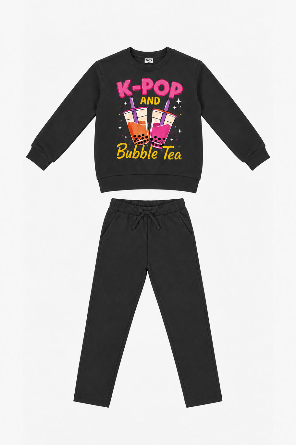 TRAX girls’ charcoal top and trousers set with K-POP and Bubble Tea print