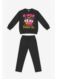 TRAX girls’ charcoal top and trousers set with K-POP and Bubble Tea print