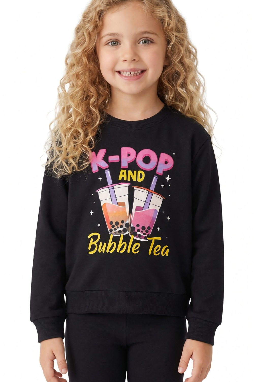 TRAX girls’ charcoal top and trousers set with K-POP and Bubble Tea print