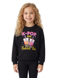 TRAX girls’ charcoal top and trousers set with K-POP and Bubble Tea print