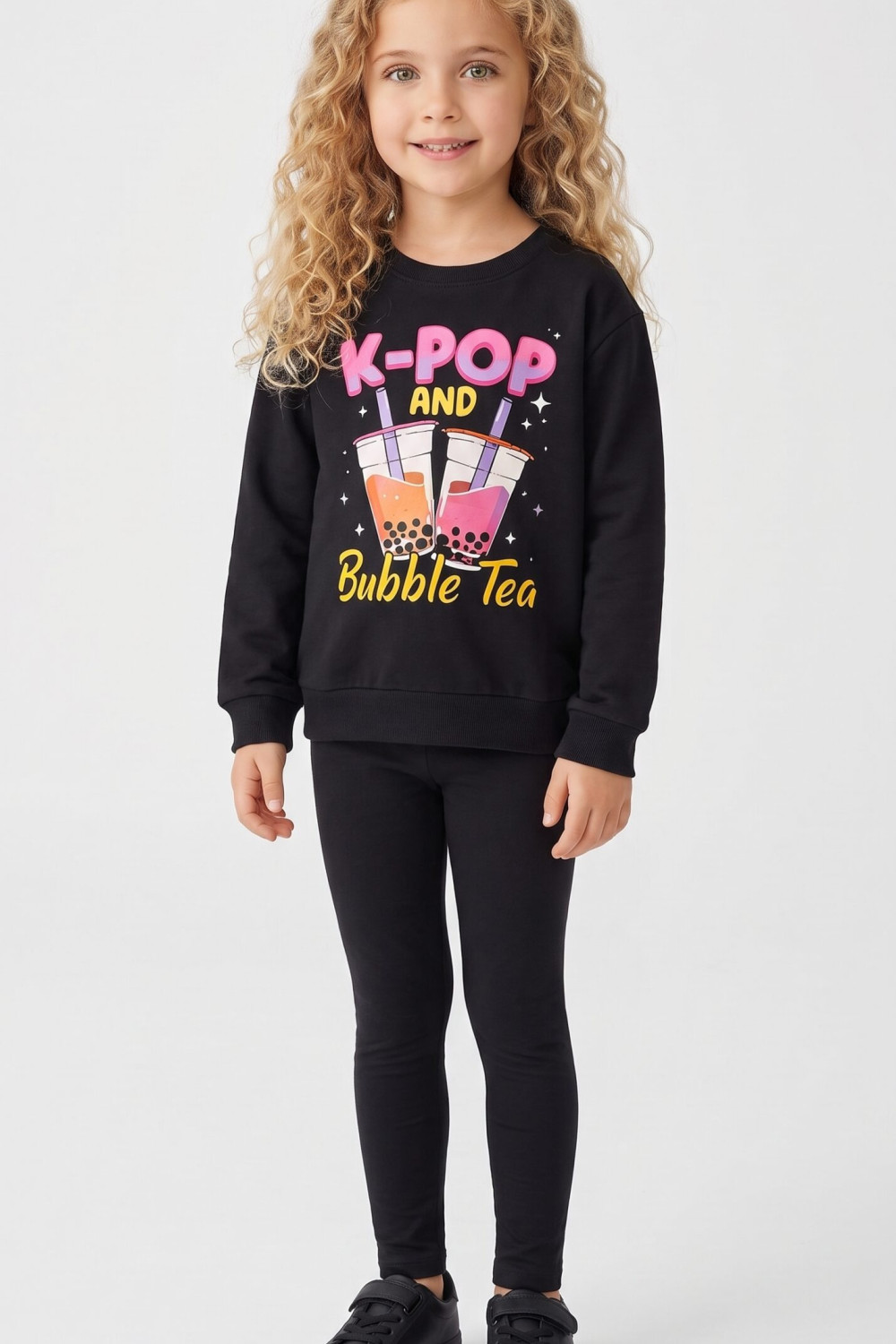 TRAX girls’ charcoal top and trousers set with K-POP and Bubble Tea print