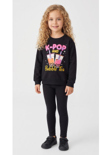TRAX girls’ charcoal top and trousers set with K-POP and Bubble Tea print
