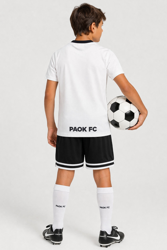 White and black PAOK FC 1926 kids' anniversary kit with T-shirt and sports shorts