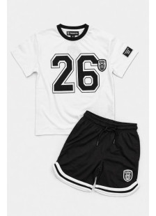 White and black PAOK FC 1926 kids' anniversary kit with T-shirt and sports shorts