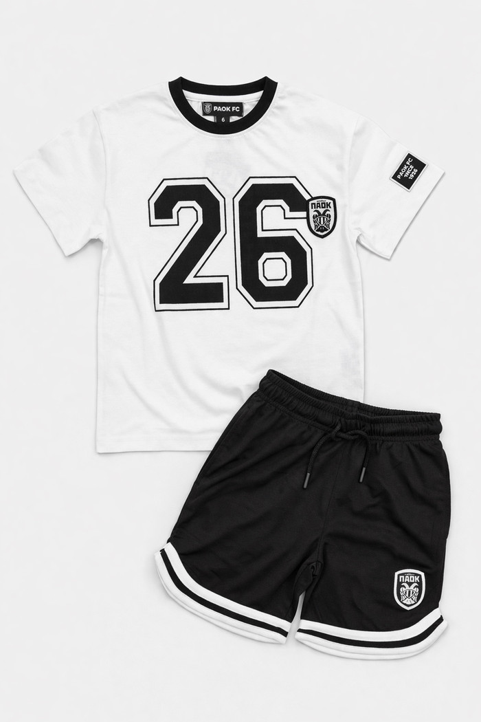 White and black PAOK FC 1926 kids' anniversary kit with T-shirt and sports shorts