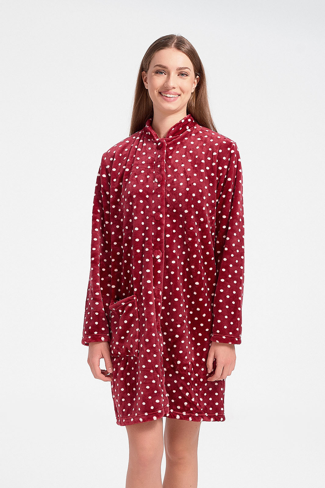 Fluffy fleece robe Polka dot Bordeaux