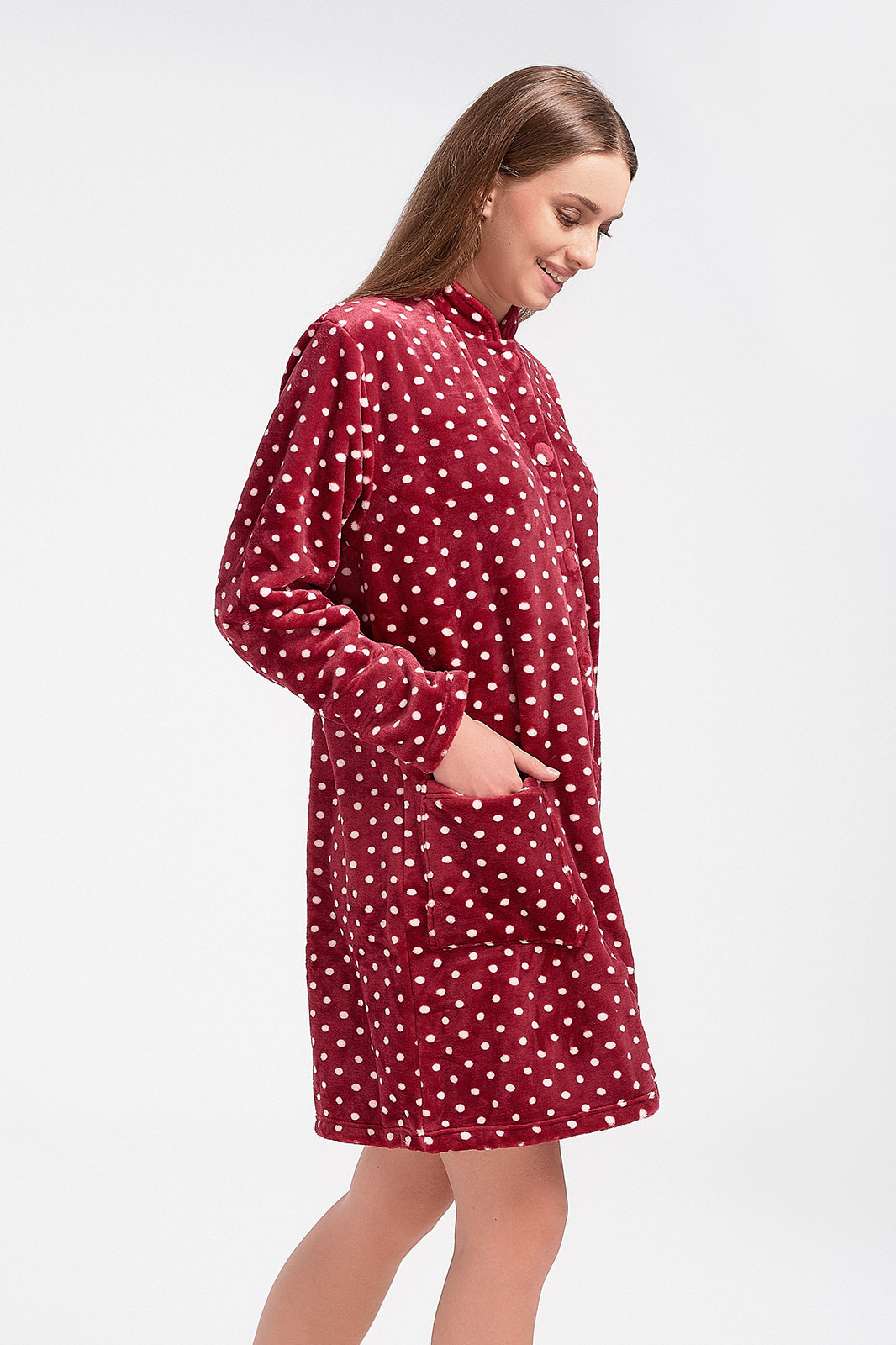 Fluffy fleece robe Polka dot Bordeaux