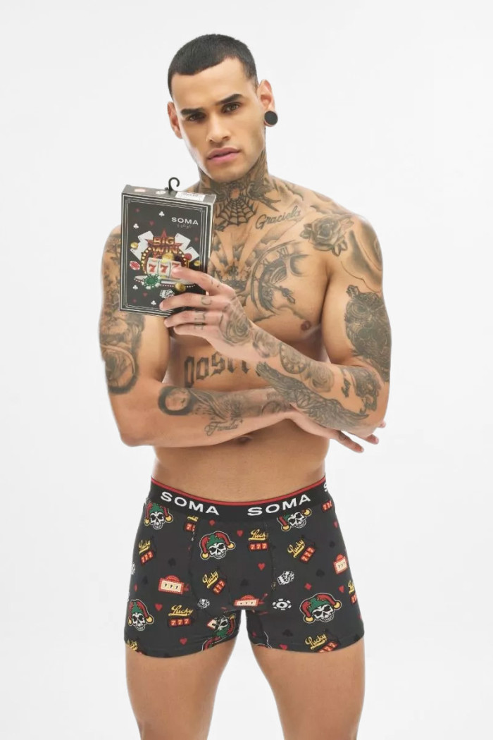 Men's SOMA Lucky Seven boxer briefs with colourful designs and an exposed elastic waistband