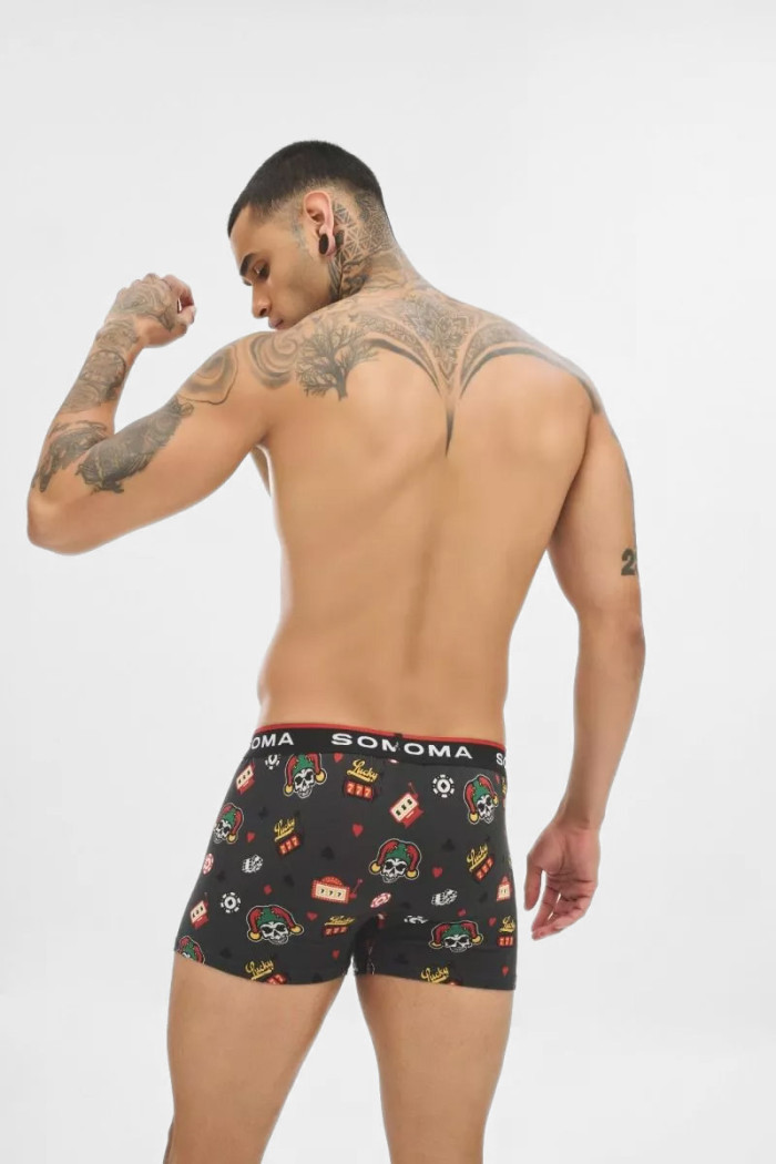Men's SOMA Lucky Seven boxer briefs with colourful designs and an exposed elastic waistband