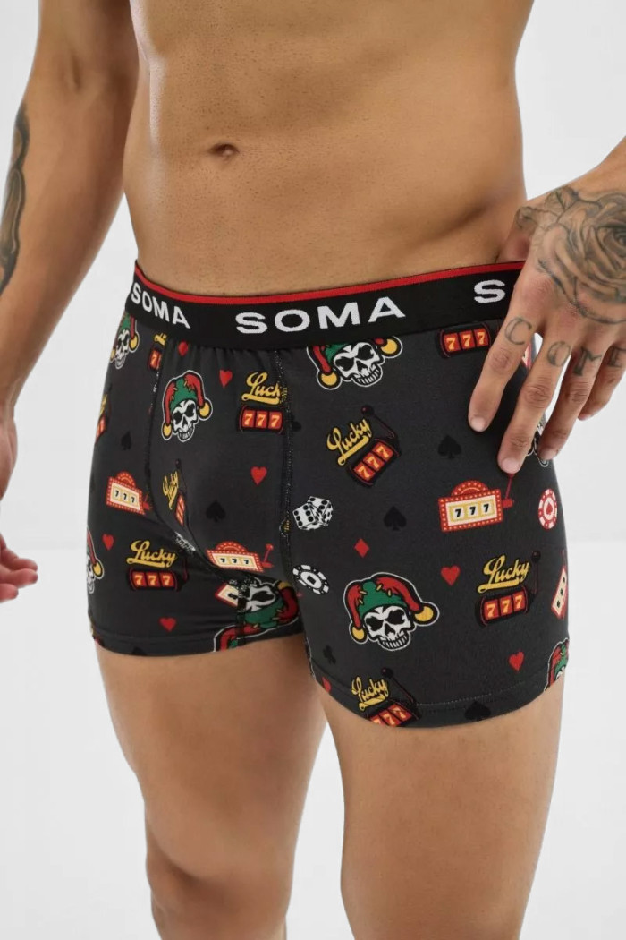 Men's SOMA Lucky Seven boxer briefs with colourful designs and an exposed elastic waistband