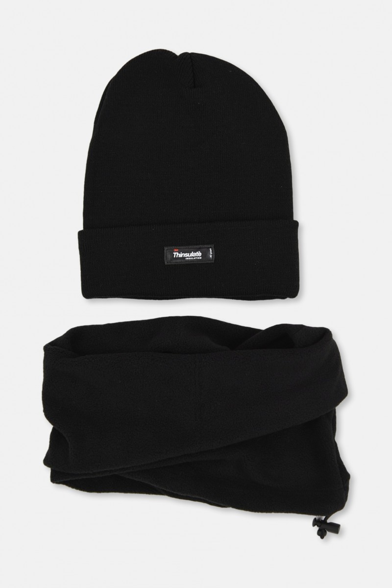 Black Beanie with Neck Warmer Set - STAMION