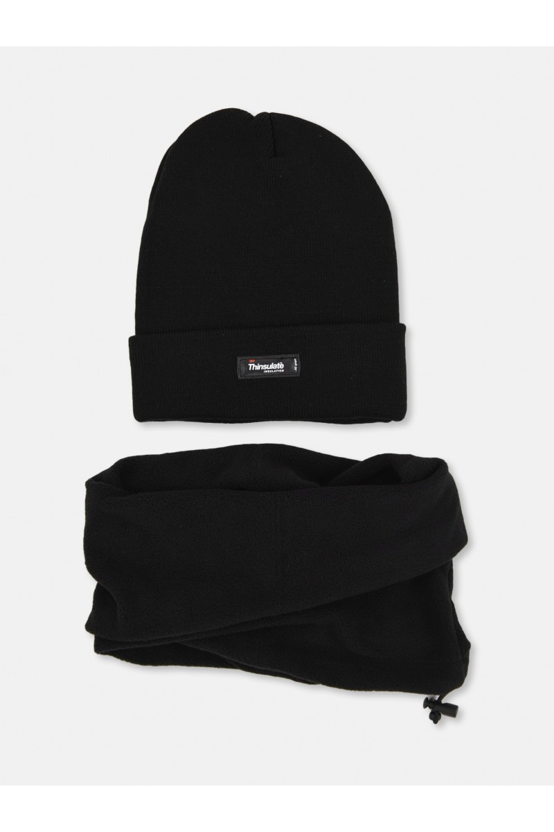 Black Beanie with Neck Warmer Set - STAMION